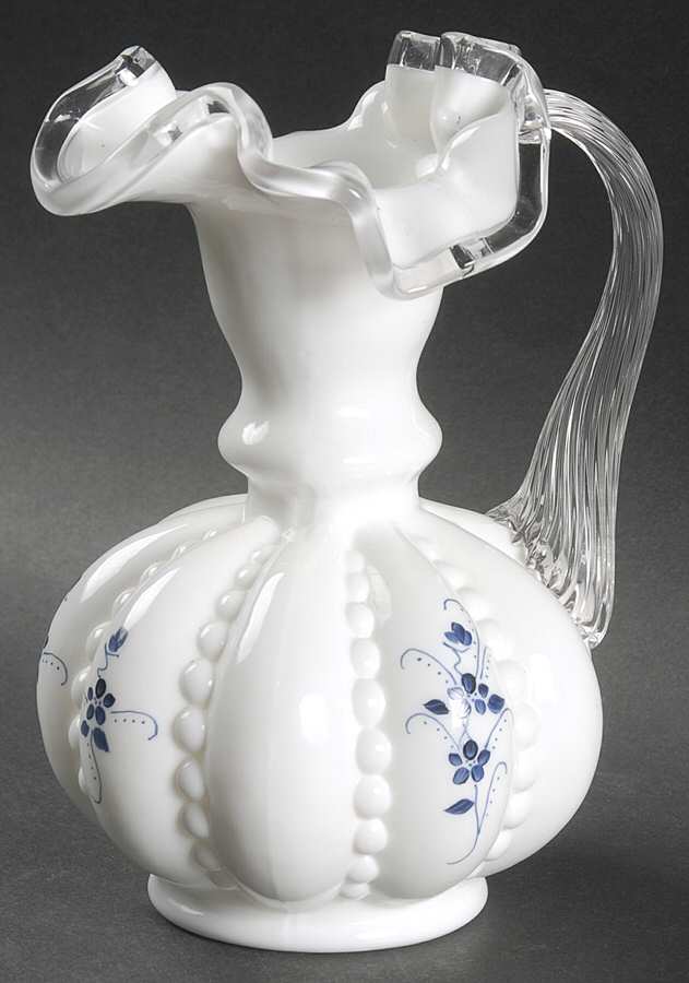 Elizabeth Silver Crest (Blue Floral) 6" Handled Beaded Jug by Fenton-1