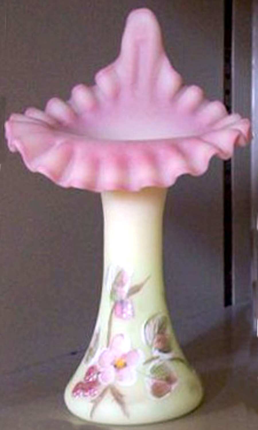 Raspberry on Burmese 7" Tulip Vase by Fenton-1