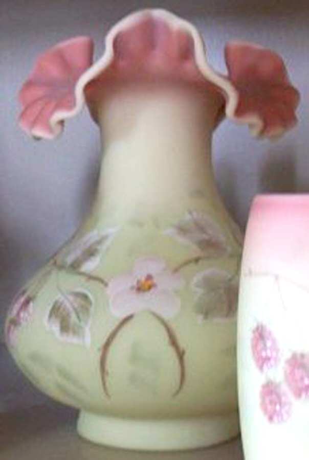Raspberry on Burmese 7" Double Crimped Vase by Fenton-1