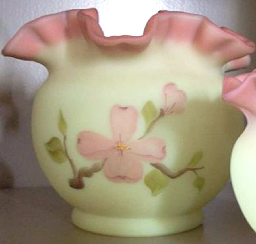 Pink Dogwood Burmese 4" Double Crimped Vase by Fenton-1
