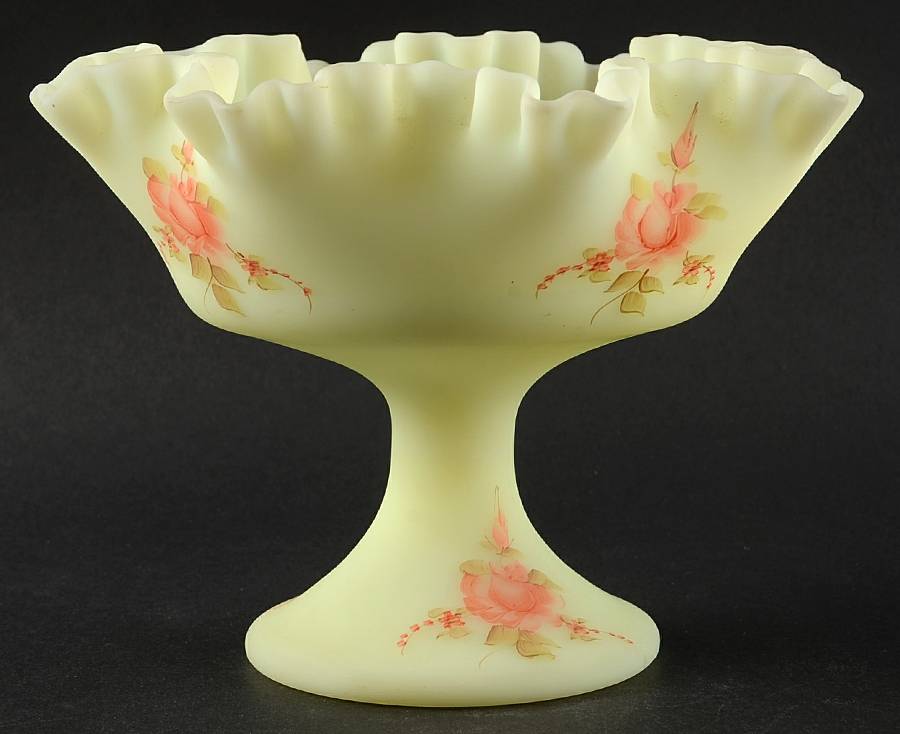 Roses on Custard Satin Round Compote (Height X Width) by Fenton-1