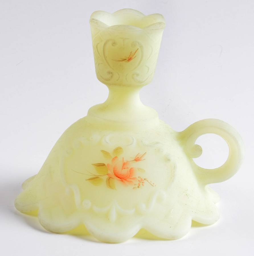 Roses on Custard Satin 4" Single Light Candlestick by Fenton-1