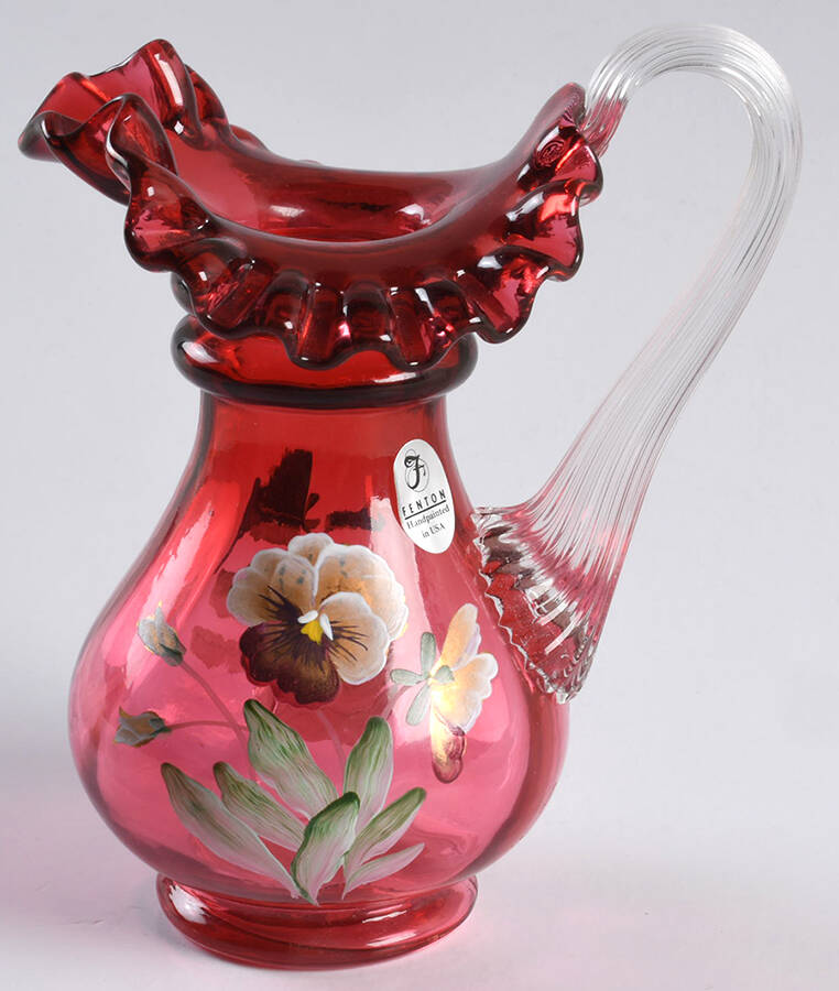 Pansies on Cranberry 8 Oz Pitcher by Fenton-1