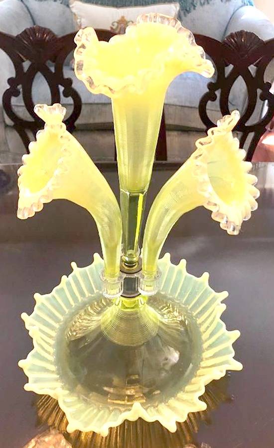 Topaz Opalescent (Non Iridized) 4 Horn Epergne (Made for Wright Glass) by Fenton-1
