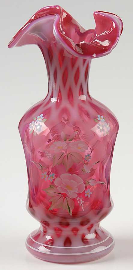 Cranberry Opalescent #CV001 7" Diamond Optic Pinch Vase by Fenton-1