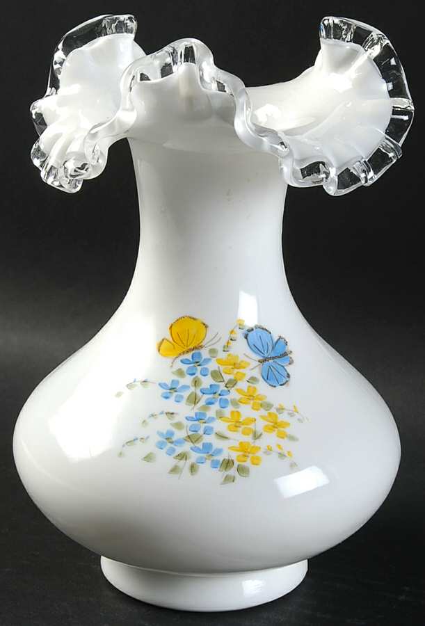 Butterflies (Milk Glass) 7" Double Crimped Vase by Fenton-1