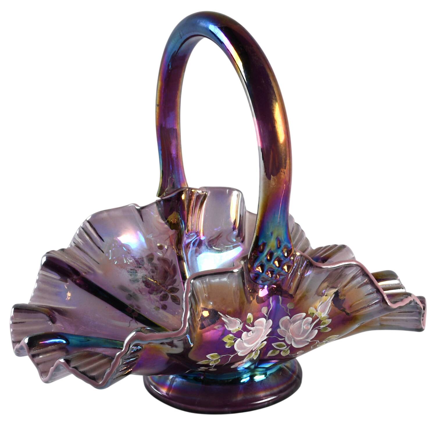 Violet Iridized 8" Handled Crimped Basket by Fenton-1
