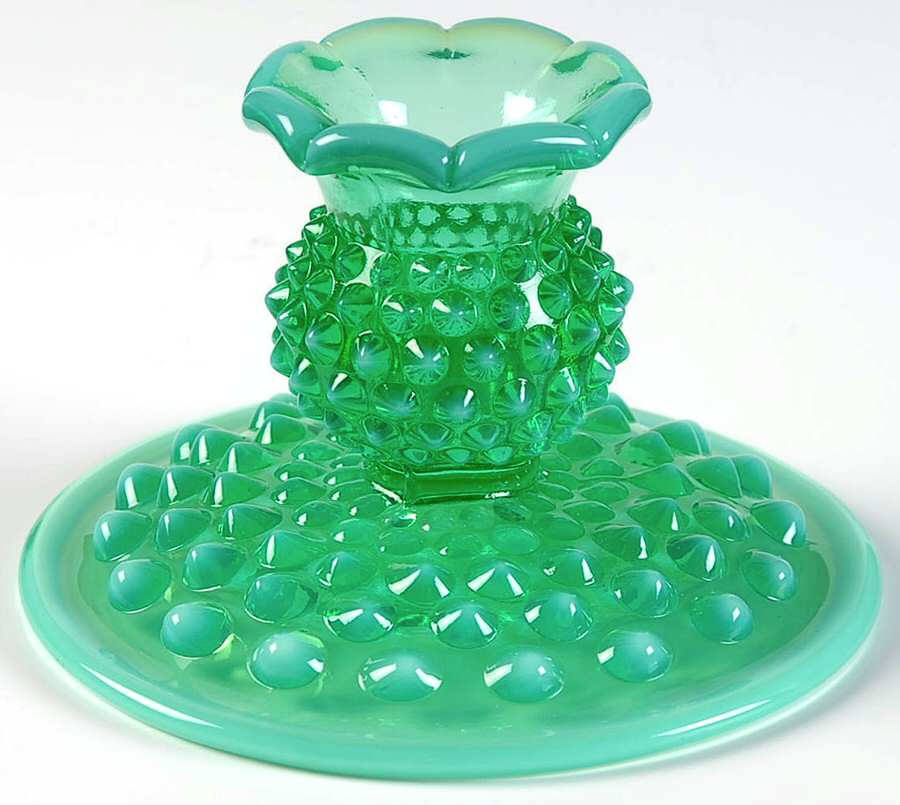 Hobnail Green (Opalescent, Bluish Green) 3" Single Light Candlestick by Fenton-1