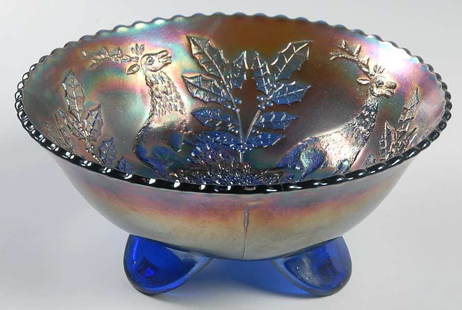 Stag and Holly Blue (Carnival) 7" 3-Toed Footed Bowl by Fenton-1