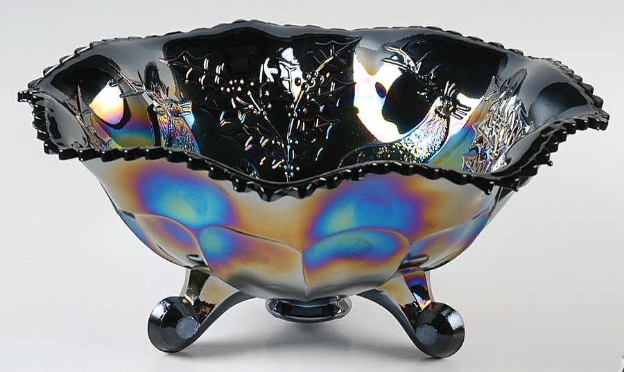 Stag and Holly Blue (Carnival) 9" 3-Toed Footed Bowl by Fenton-1
