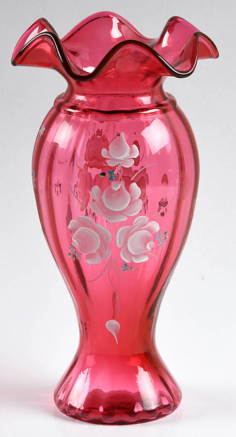 Ivory Rose on Cranberry 8" Flower Vase by Fenton-1
