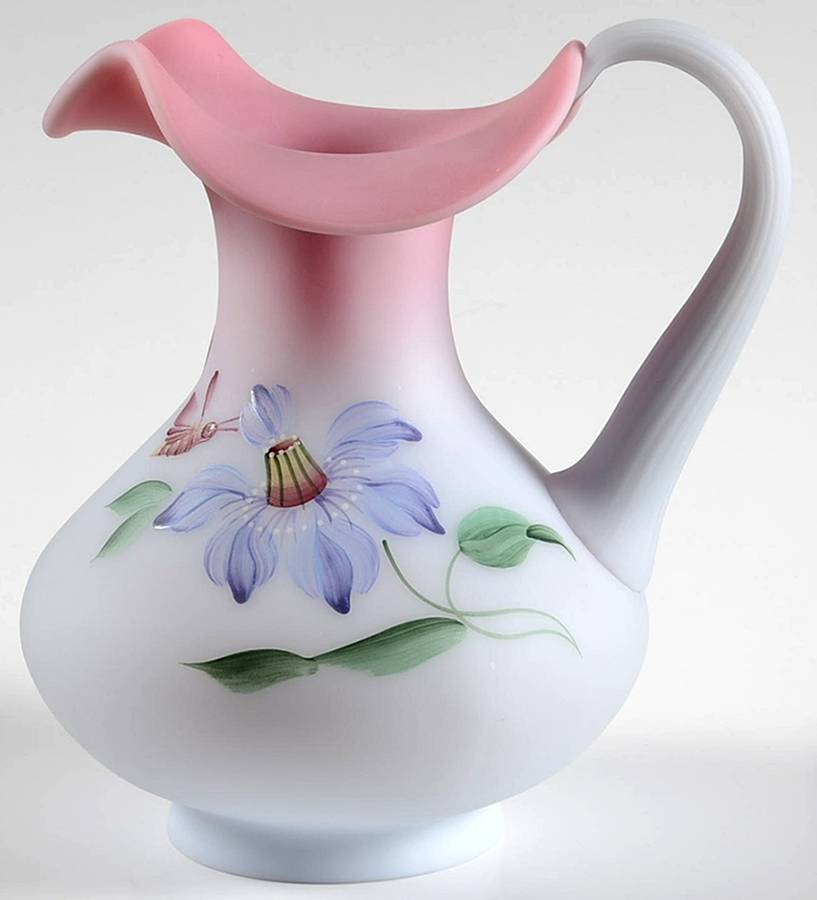 Purple Passion Flower on Blue Burmese Pitcher by Fenton-1