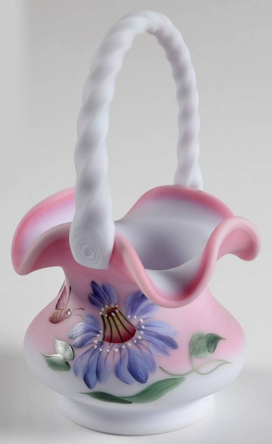 Purple Passion Flower on Blue Burmese #2932 8" Basket by Fenton-1