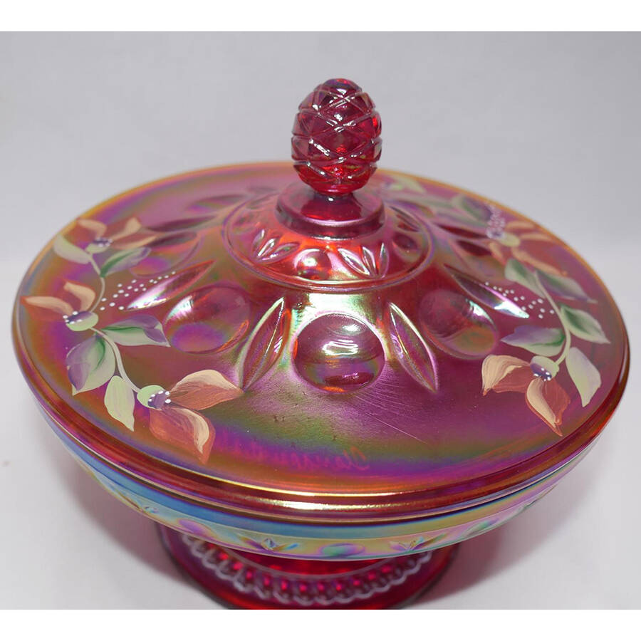Tuscan Charm on Ruby Amberina Stretch Footed Candy Dish & Lid by Fenton-1