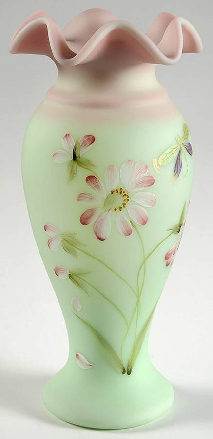 Daisy Butterfly on Lotus Mist 10" Flower Vase by Fenton-1