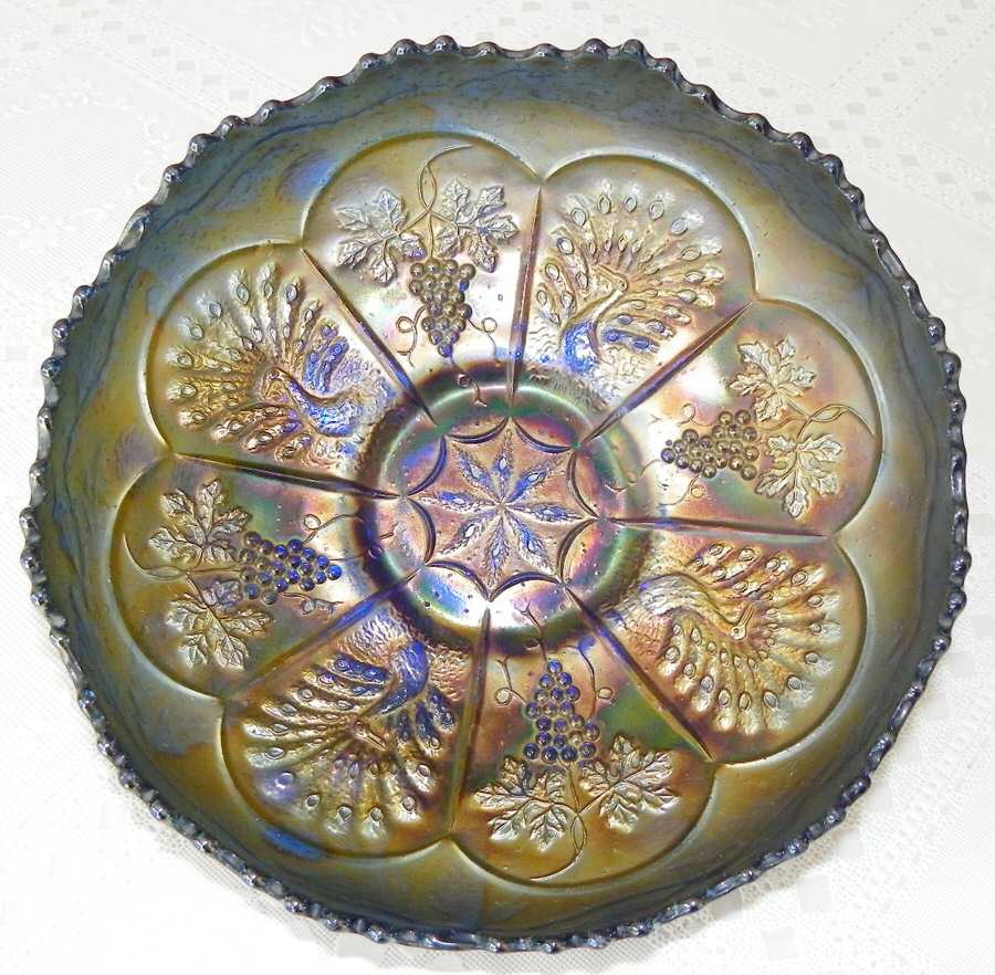 Peacock and Grapes Cobalt (Carnival) Small Fruit Dessert Bowl by Fenton-1