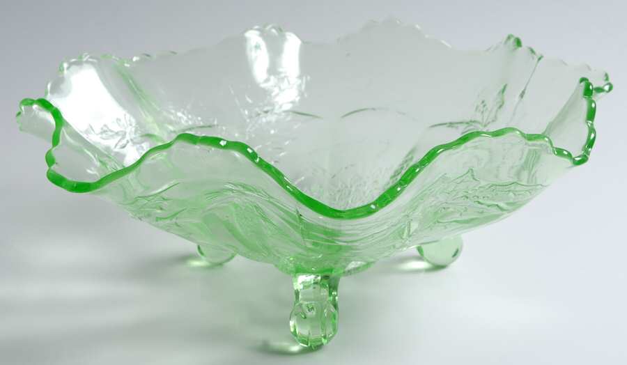 Stag and Holly Green 10" Round 3-Toed Crimped Bowl by Fenton-1