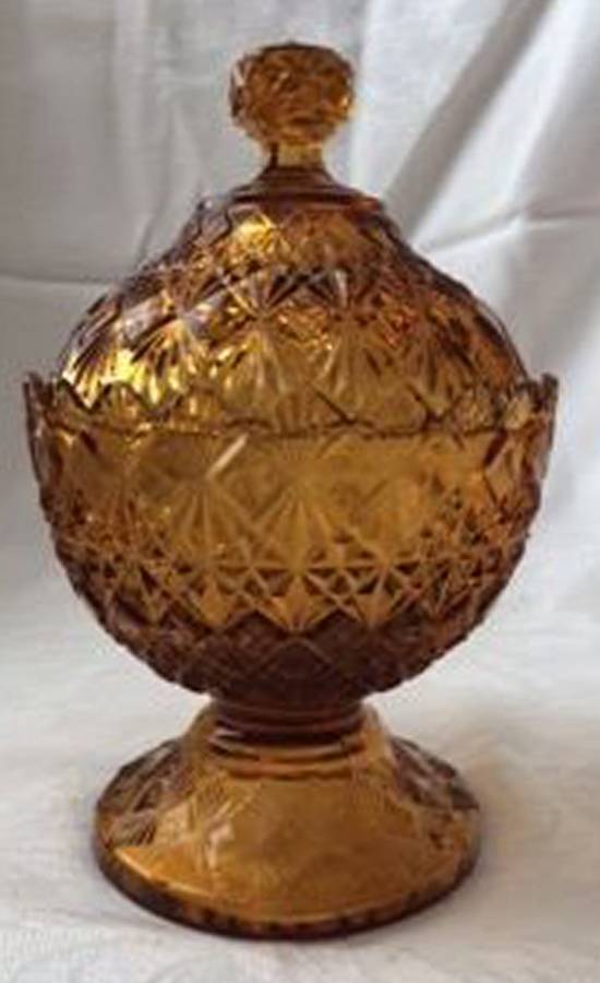 Fine Cut and Block Amber Candy Jar & Lid by Fenton-1