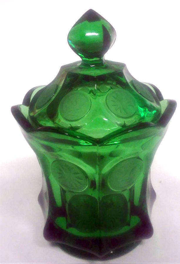 Coin Glass Emerald Green (Newer, Stem 1372) Candy Dish & Lid by Fostoria-1