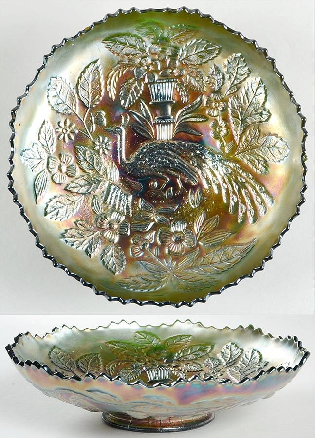 Peacock and Urn Green (Carnival) Crimped Bowl by Fenton-1