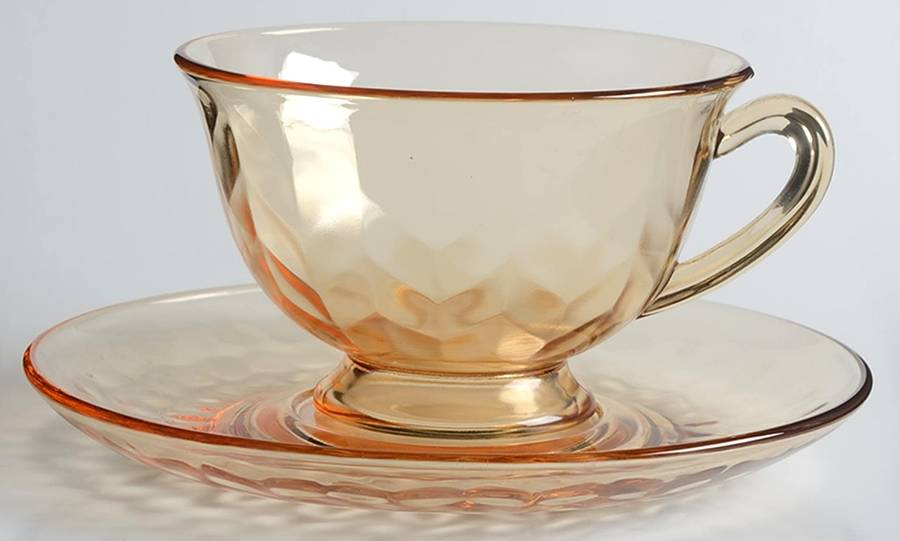 87 Herringbone Optic Amber Footed Cup & Saucer Set by Central Glass Works-1