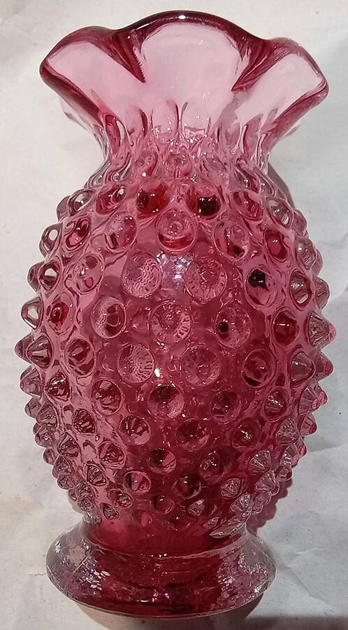 Hobnail-Ruby Overlay (Cranberry) 4" 8-Point Crimped Cupped Miniature Vase by Fenton-1