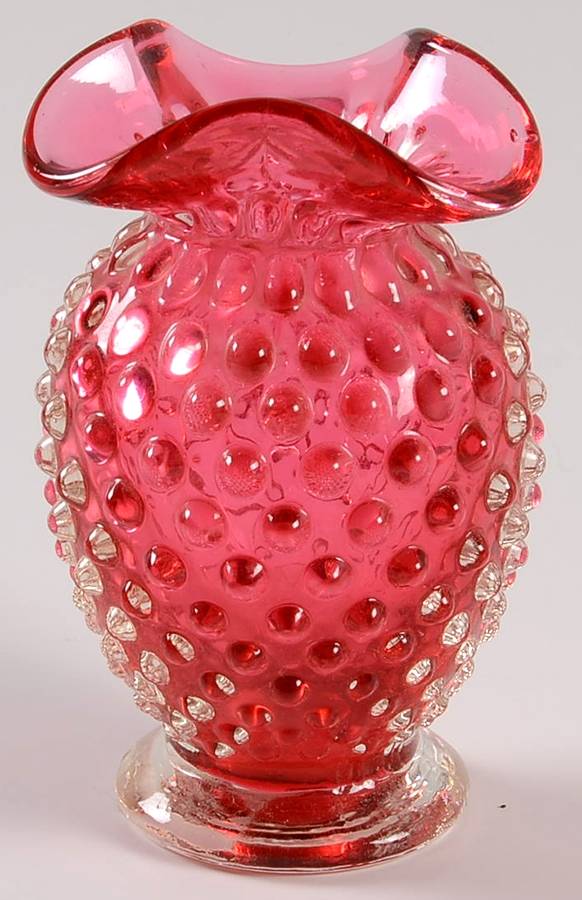 Hobnail-Ruby Overlay (Cranberry) 4" Crimped Triangle Vase by Fenton-1