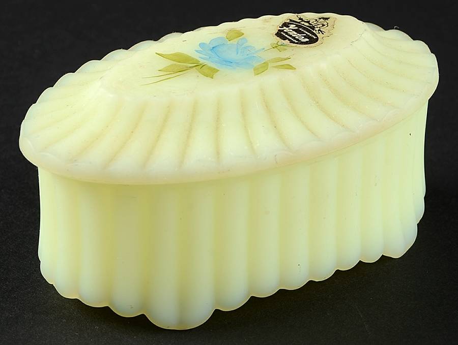 Blue Roses on Custard Oval Jewelry Box & Lid by Fenton-1