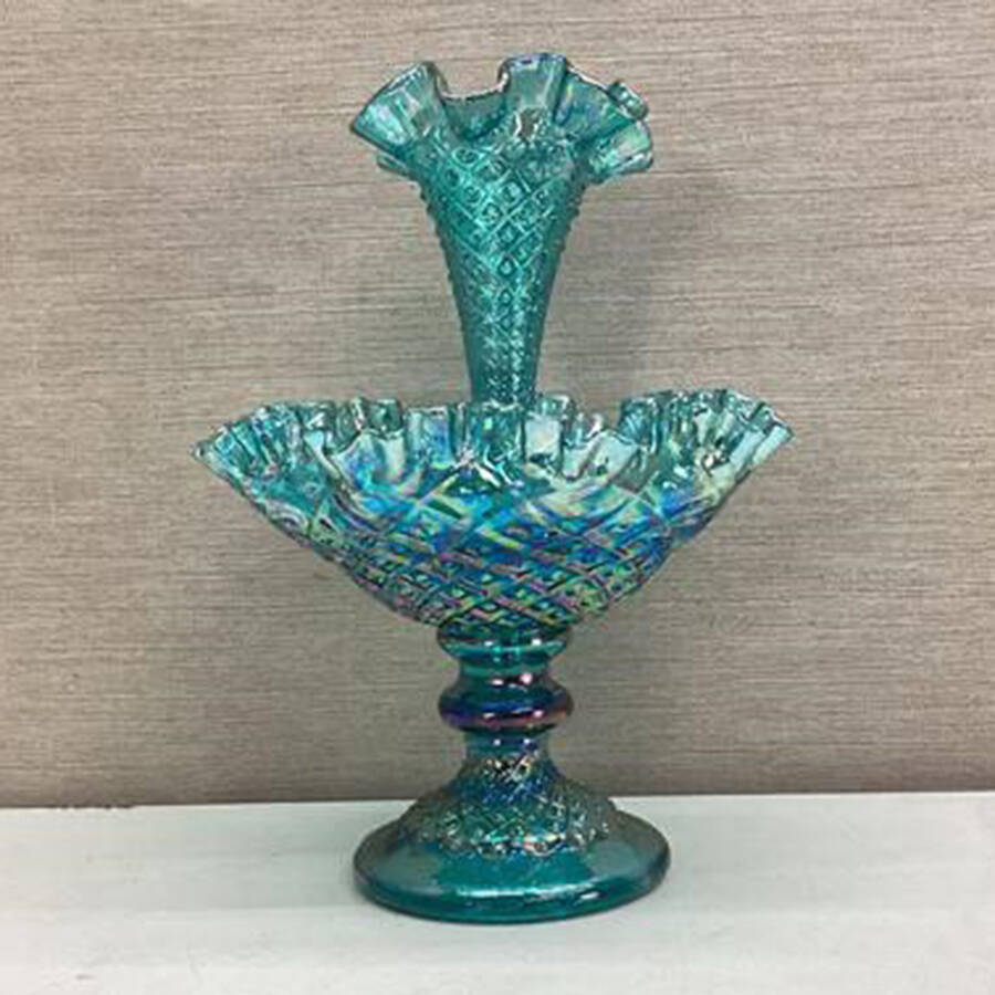 Diamond Lace Teal Marigold Footed Epergne Bowl with Vase by Fenton-1