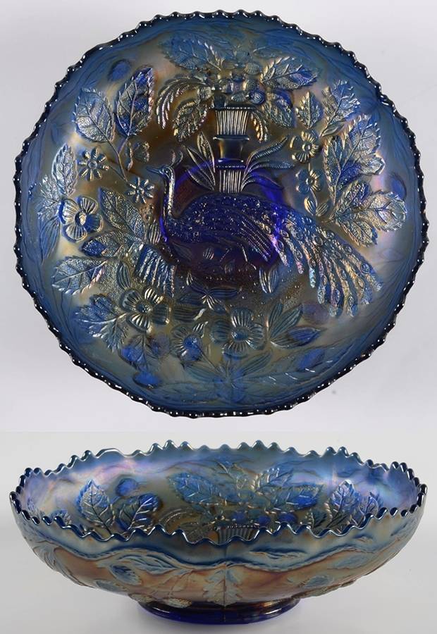 Peacock & Urn (Cobalt Blue Carnival) 8" Cupped Bowl by Fenton-1