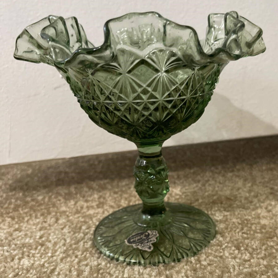 Fine Cut & Block Green Footed Compote by Fenton-1
