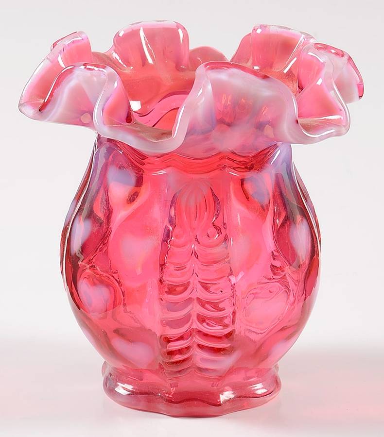 Cranberry Opalescent Heart Optic 4" Double Crimped Vase by Fenton-1