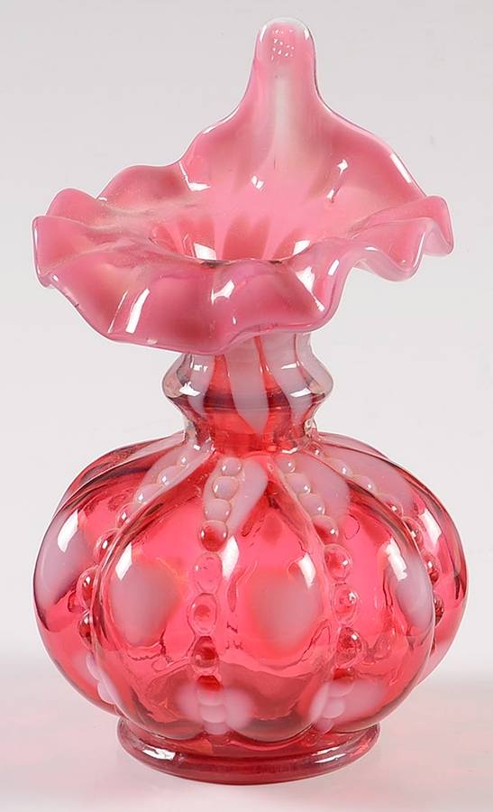 Cranberry Opalescent Heart Optic 6" Jack in the Pulpit Crimped Vase by Fenton-1