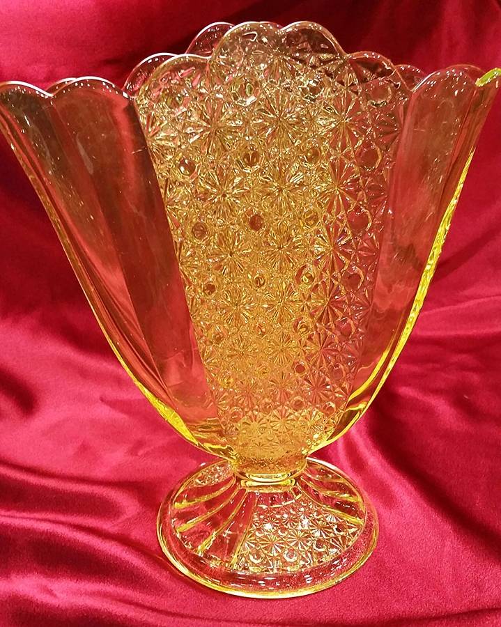 Daisy and Button Vaseline 10" Fan Vase by Fenton-1