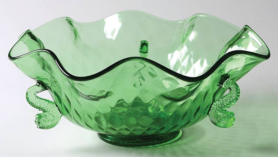 Dolphin Green 9" Round Crimped Bowl by Fenton-1