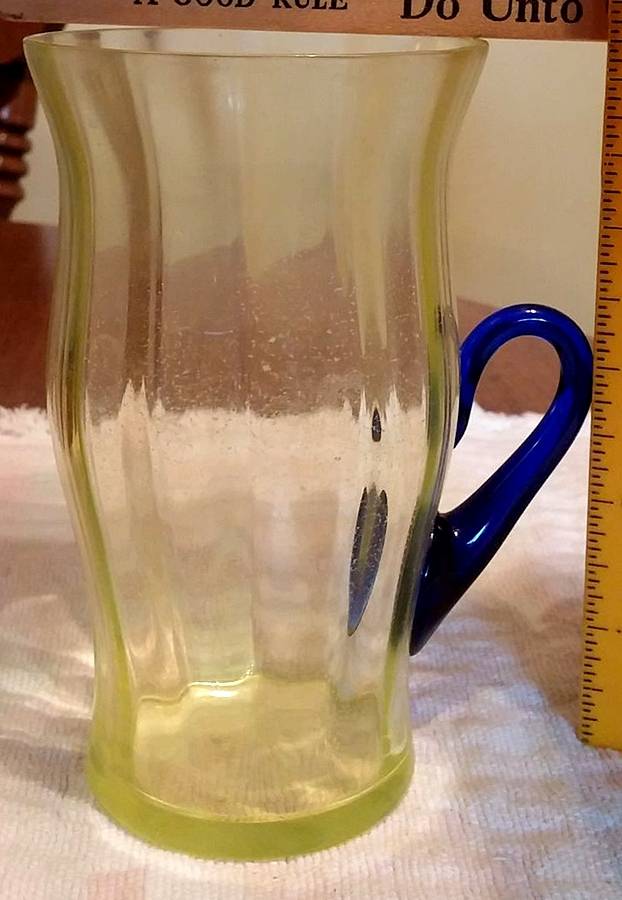 Topaz Opalescent (Early Vaseline) Handled Flat Iced Tea by Fenton-1
