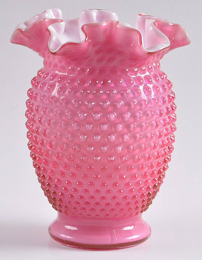 Hobnail Wild Rose Overlay 6" Double Crimped Vase by Fenton-1