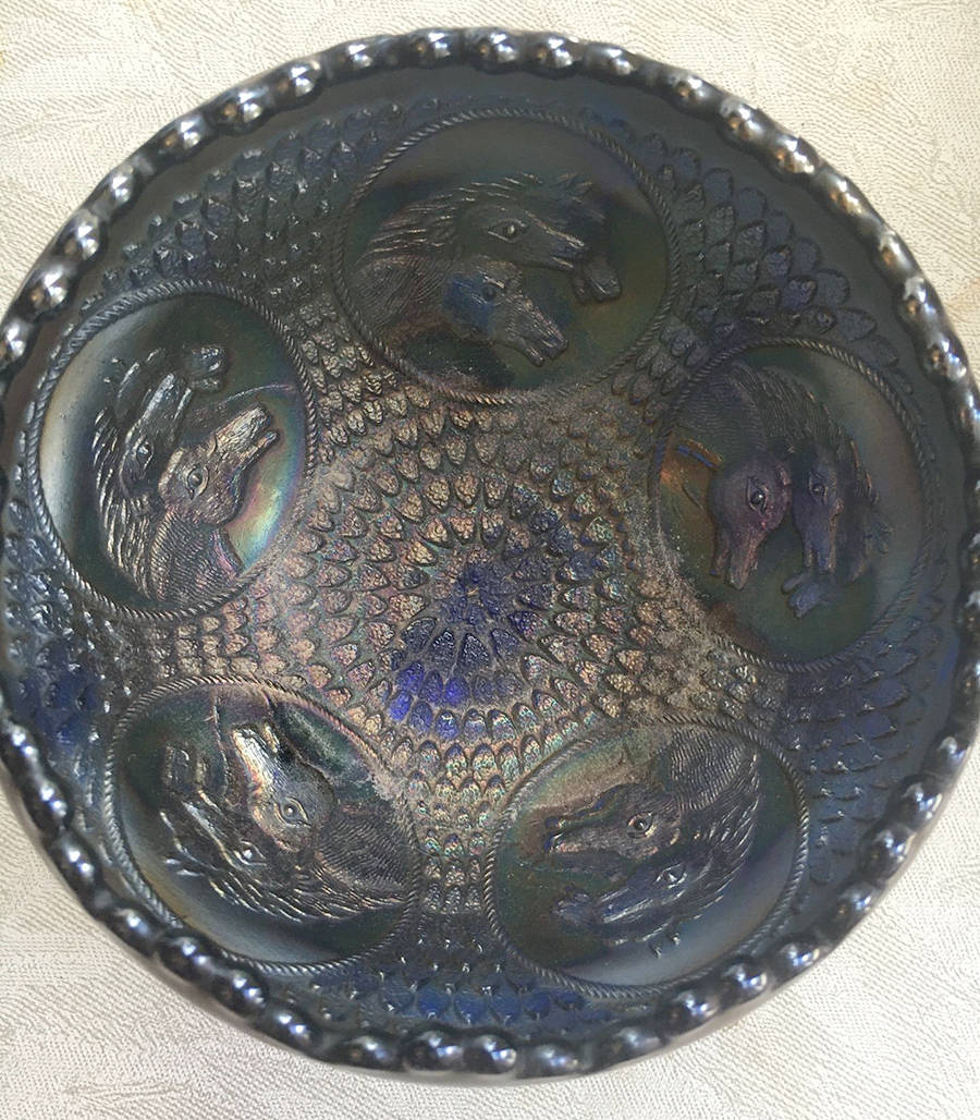 Horse Medallion Cobalt Carnival Three Toed Cupped Bowl by Fenton-1
