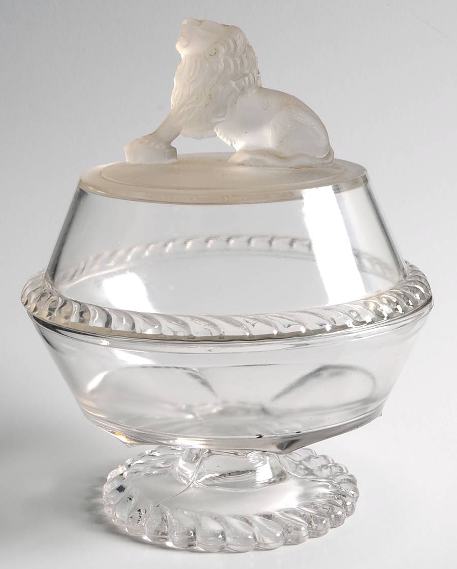 Lion Clear Round Compote & Lid (Height X Width) by Gillinder-1