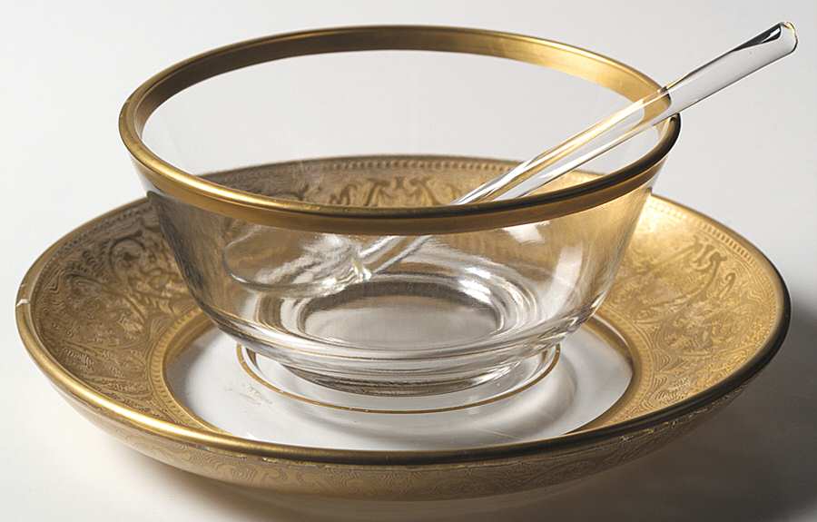 Georgian Gold Mayonnaise Bowl, Underplate and Ladle by Glastonbury - Lotus-1
