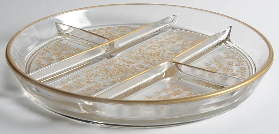Rose Bud (Gold Encrusted, Stem 86) 11" Round 5 Part Relish by Glastonbury - Lotus-1