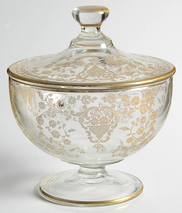 Rose Bud (Gold Encrusted, Stem 86) Footed Candy Dish & Lid by Glastonbury - Lotus-1