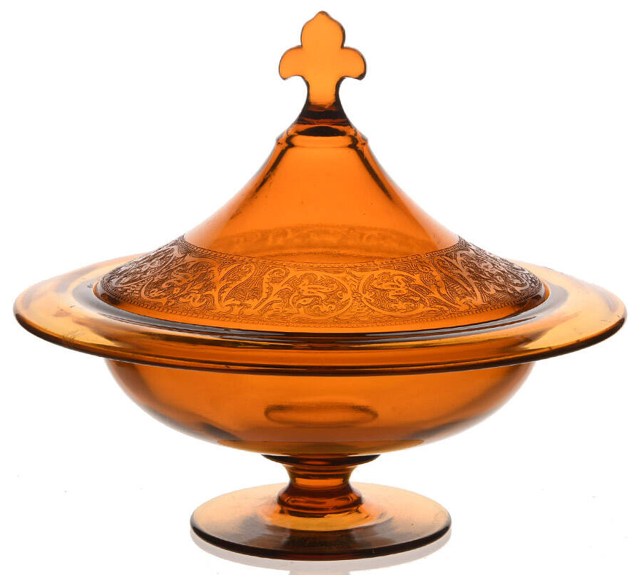 Decoration 889 Amber Footed Candy Dish & Lid by Glastonbury - Lotus-1
