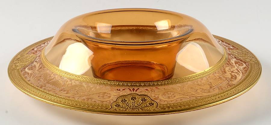 Gothic Plantagonet Amber-Gold Encrusted 14" Rolled Edge Bowl by Glastonbury - Lotus-1
