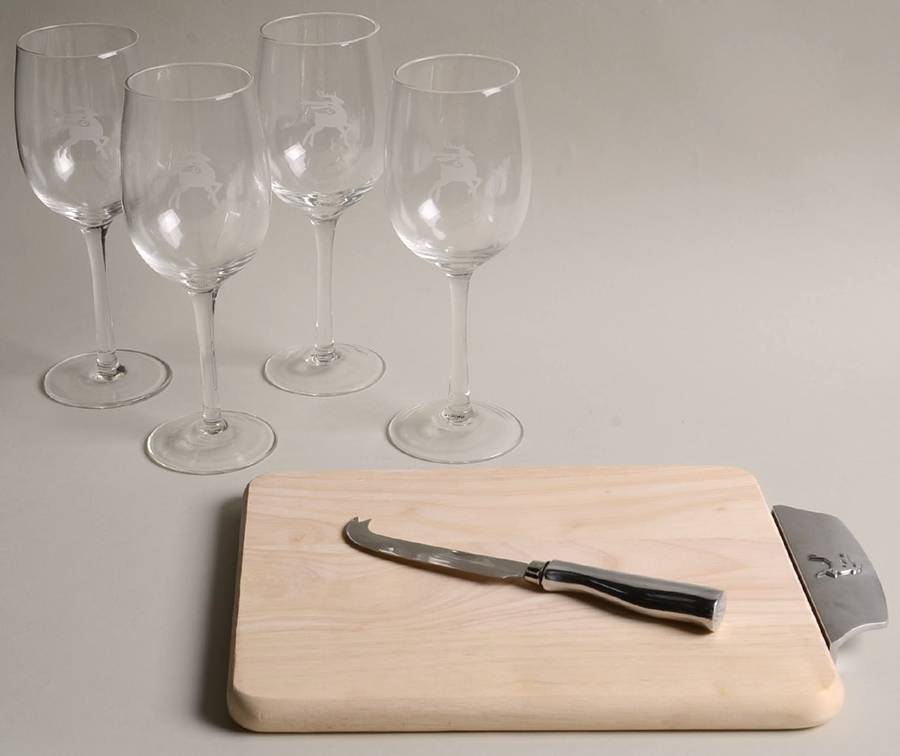 Reindeer Wine & Cheese Set (4 Wine, Cheese Board & Knife) by Gorham Crystal-1