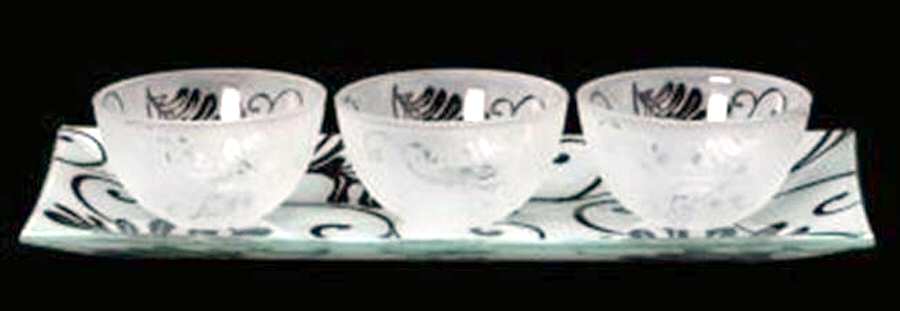 Smoked Floral Condiment Tray W/3 Bowls by Gorham Crystal-1