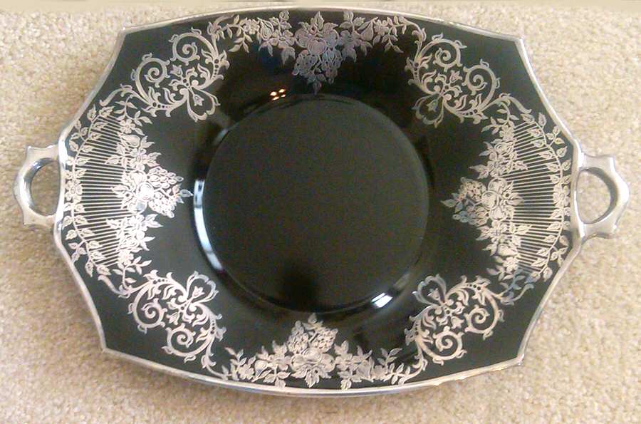 2002 Black with Silver (Silver Scroll on Black) 15" Oval Platter by Glastonbury - Lotus-1