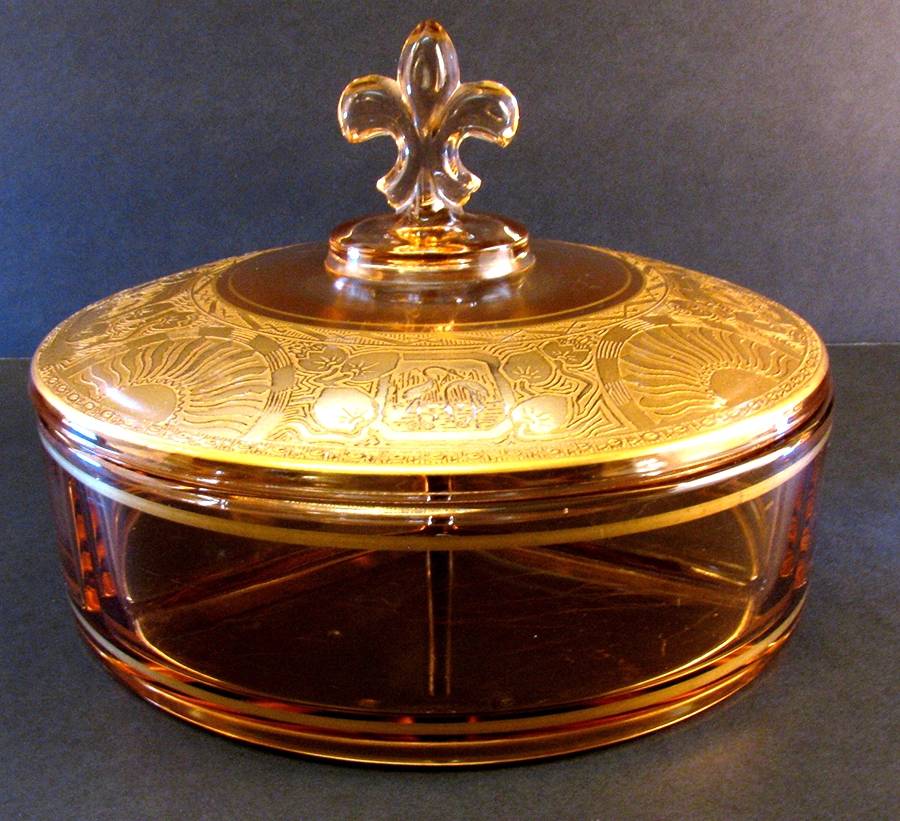 Flamingo Sun Amber (Gold Encrusted) 3-Part Candy Dish with Lid by Glastonbury - Lotus-1