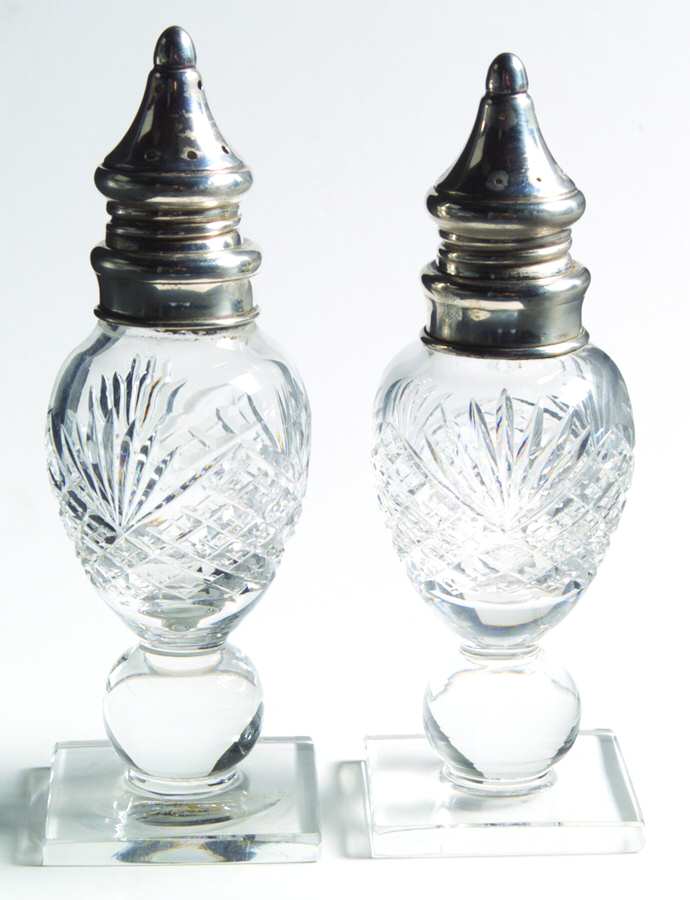 Strawberry, Diamond & Fan (#7332) Footed Shaker Set & Metal Lids by Hawkes-1