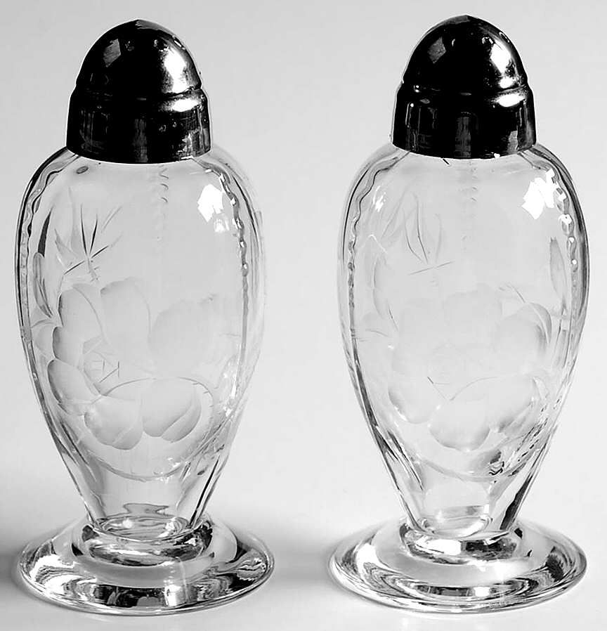Dolly Madison Rose Footed Shaker Set & Metal Lids by Heisey-1
